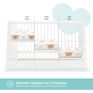 Lit Evolutif Timéo à barreaux 60 x 120 cm, Blanc, en Bois, 3 Hauteurs, Tiroir intégré, Barreaux amovibles