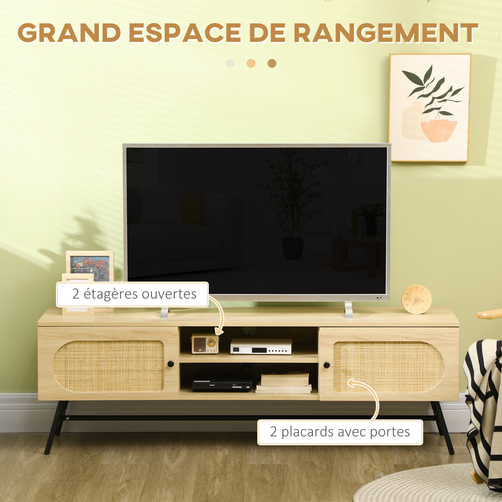 Meuble TV banc TV 2 portes cannage rotin 2 niches piètement métal noir aspect chêne clair