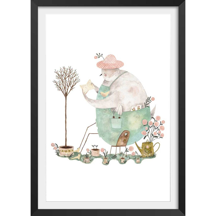 Affiche enfant un oiseau au jardin  Affiche sous cadre noir