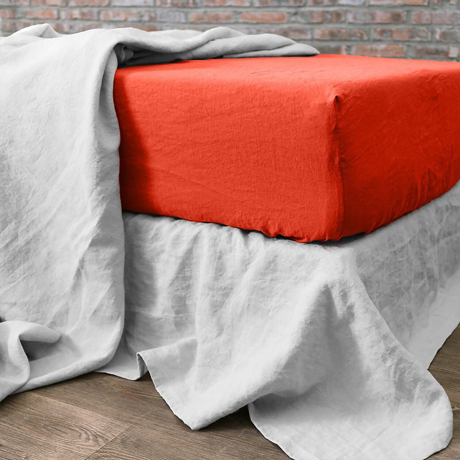 Drap housse bonnet:30cm 100% lin lavé 160g flamme
