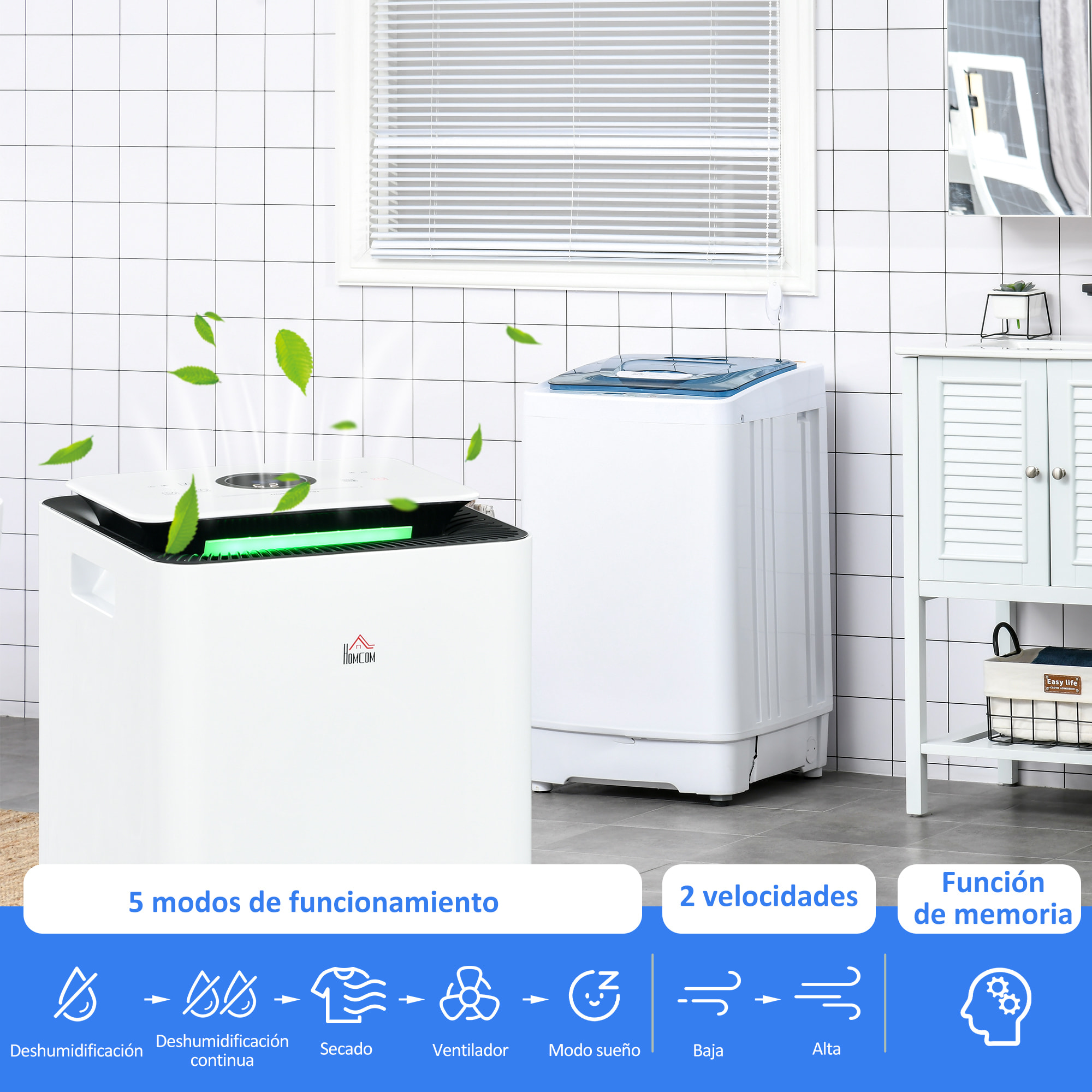 Deshumidificador Eléctrico 10L/día Depósito de Agua 2,5L Deshumidificador de Aire Silencioso con 5 Modos 2 Velocidades Pantalla LED Temporizador para Dormitorio Salón 25x25x50,5 cm Blanco