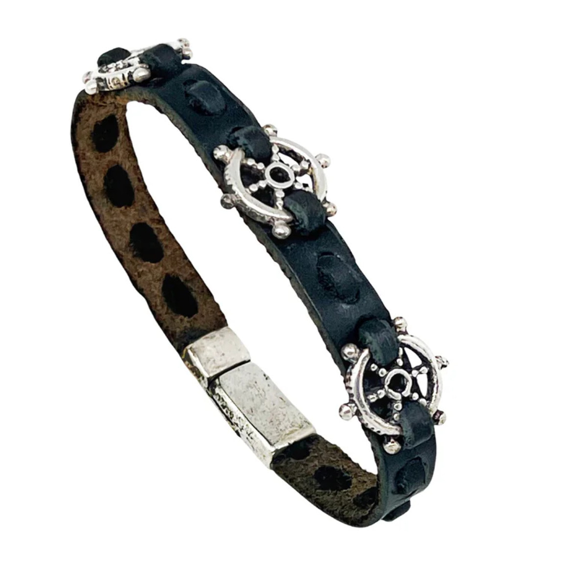 Pulsera Timón3 cuero negro y plata chapado