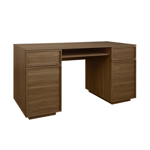 Bureau effet bois noyer 2 portes 2 tiroirs 1 niche 140cm - L 140 x P 55 x H 77cm - Kuba