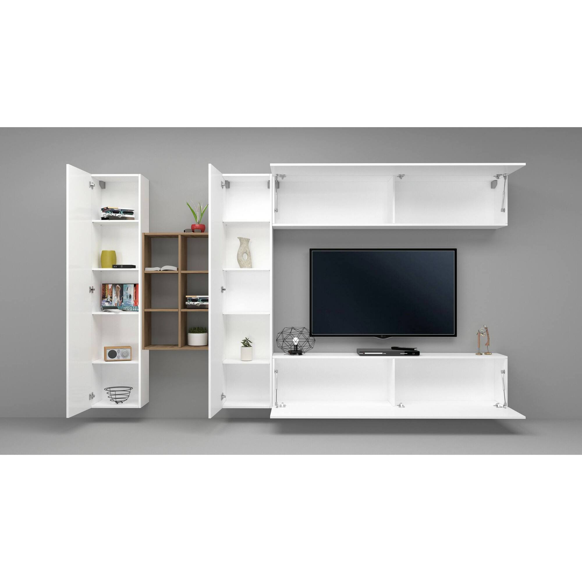 Parete attrezzata Danilo, Set salotto porta TV a 4 ante, Mobile soggiorno multiuso, 100% Made in Italy, cm 280x30h180, Bianco lucido e Acero