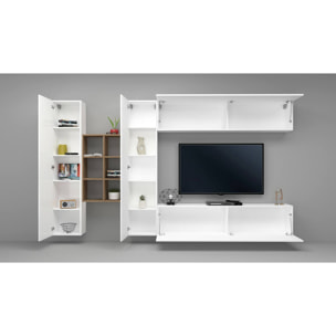 Parete attrezzata Danilo, Set salotto porta TV a 4 ante, Mobile soggiorno multiuso, 100% Made in Italy, cm 280x30h180, Bianco lucido e Acero