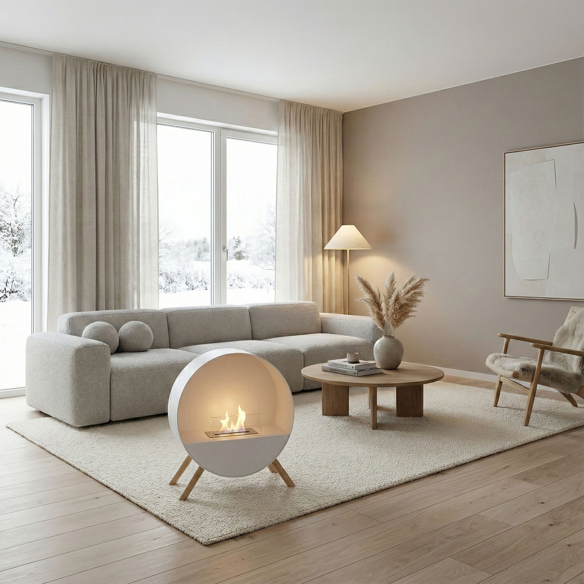 Venere - Camino a Bioetanolo da Pavimento 60x72x30 cm con Bruciatore 1 Litro e Piedi in Legno di Pino Bianco