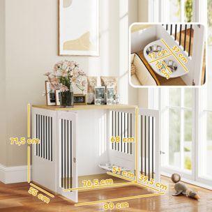 Cage pour chien en bois - 2 portes verrouillables, 2 gamelles rotatives  - 80 x 55 x 71 cm - blanc effet bois clair
