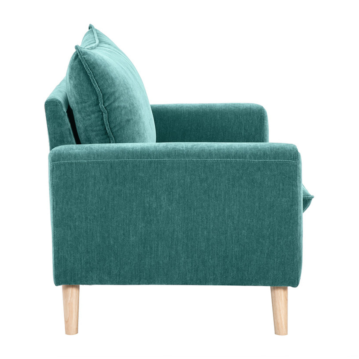 Canapé scandinave 2 places en tissu effet velours bleu canard et bois clair JONAS