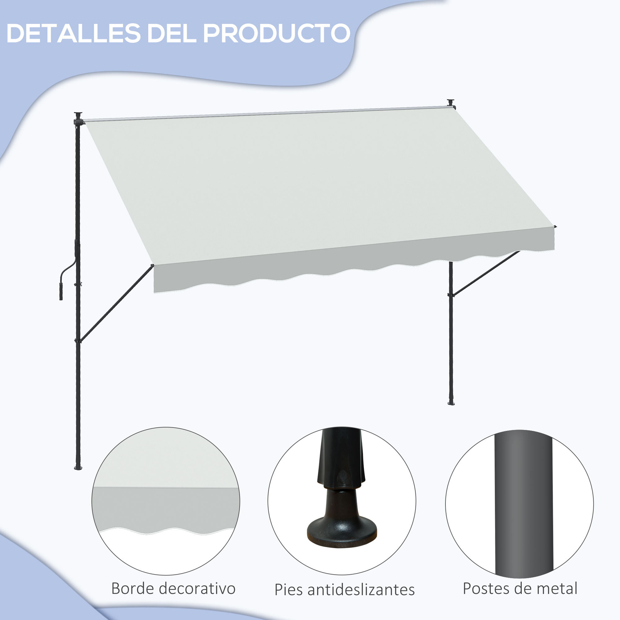 Toldo Manual Retráctil 300x170x200-290 cm Toldo Ajustable con Manivela Protección Solar UV40+ Prueba de Viento