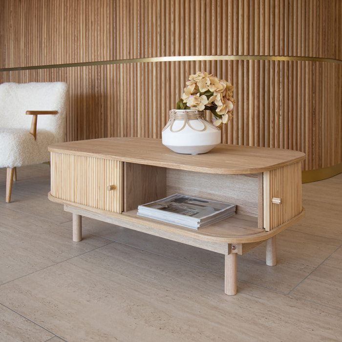 Table basse ovale en bois de pin et portes coulissantes 105cm HECTOR