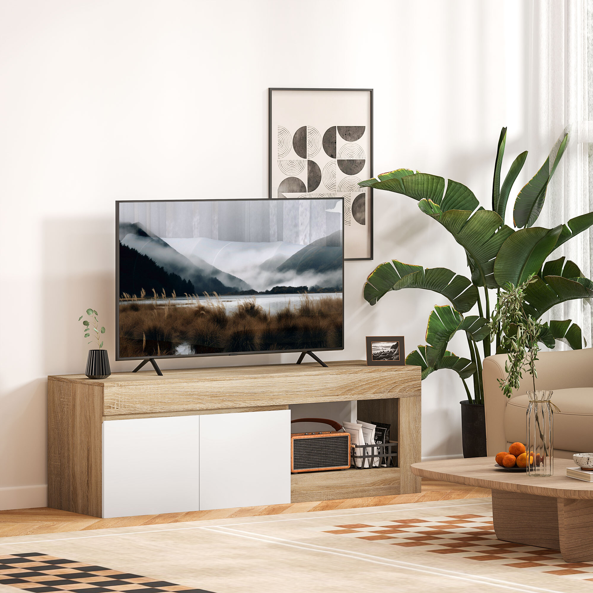 Mueble de TV Moderno, Mesa de TV para Salón con 2 Puertas, Estante Abierto, para Televisión 60 Pulgadas, 140x40x48 cm, Blanco y Natural
