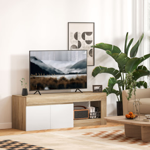Mueble de TV Moderno, Mesa de TV para Salón con 2 Puertas, Estante Abierto, para Televisión 60 Pulgadas, 140x40x48 cm, Blanco y Natural