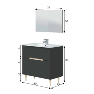 Mobile sottolavabo Yarmouth, Sotto lavabo bagno, Mobiletto da bagno con specchio, Lavabo non incluso, 80x45h80 cm, Antracite e Rovere