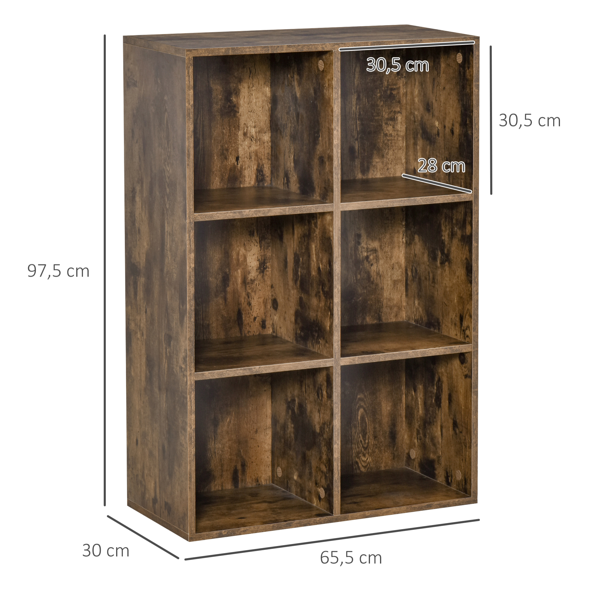 Librería de 3 Niveles, Estantería para Libros con 6 Cubos de Almacenaje, para Sala de Estar, Dormitorio, Estudio, Oficina, 65,5x30x97,5 cm, Marrón Rústico