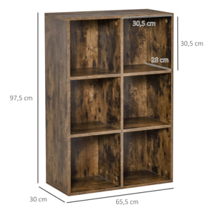 Librería de 3 Niveles, Estantería para Libros con 6 Cubos de Almacenaje, para Sala de Estar, Dormitorio, Estudio, Oficina, 65,5x30x97,5 cm, Marrón Rústico
