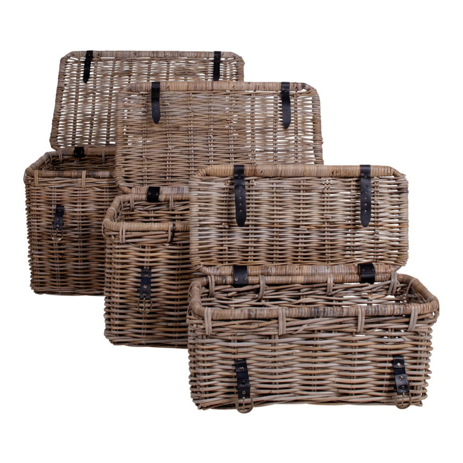 Set 3 bauli portaoggetti Depok in rattan kubu grigio con manici in pelle