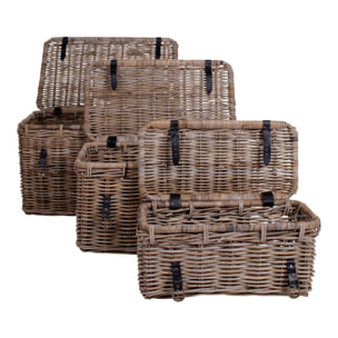 Set 3 bauli portaoggetti Depok in rattan kubu grigio con manici in pelle