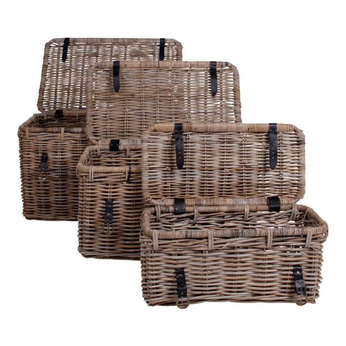 Set 3 bauli portaoggetti Depok in rattan kubu grigio con manici in pelle