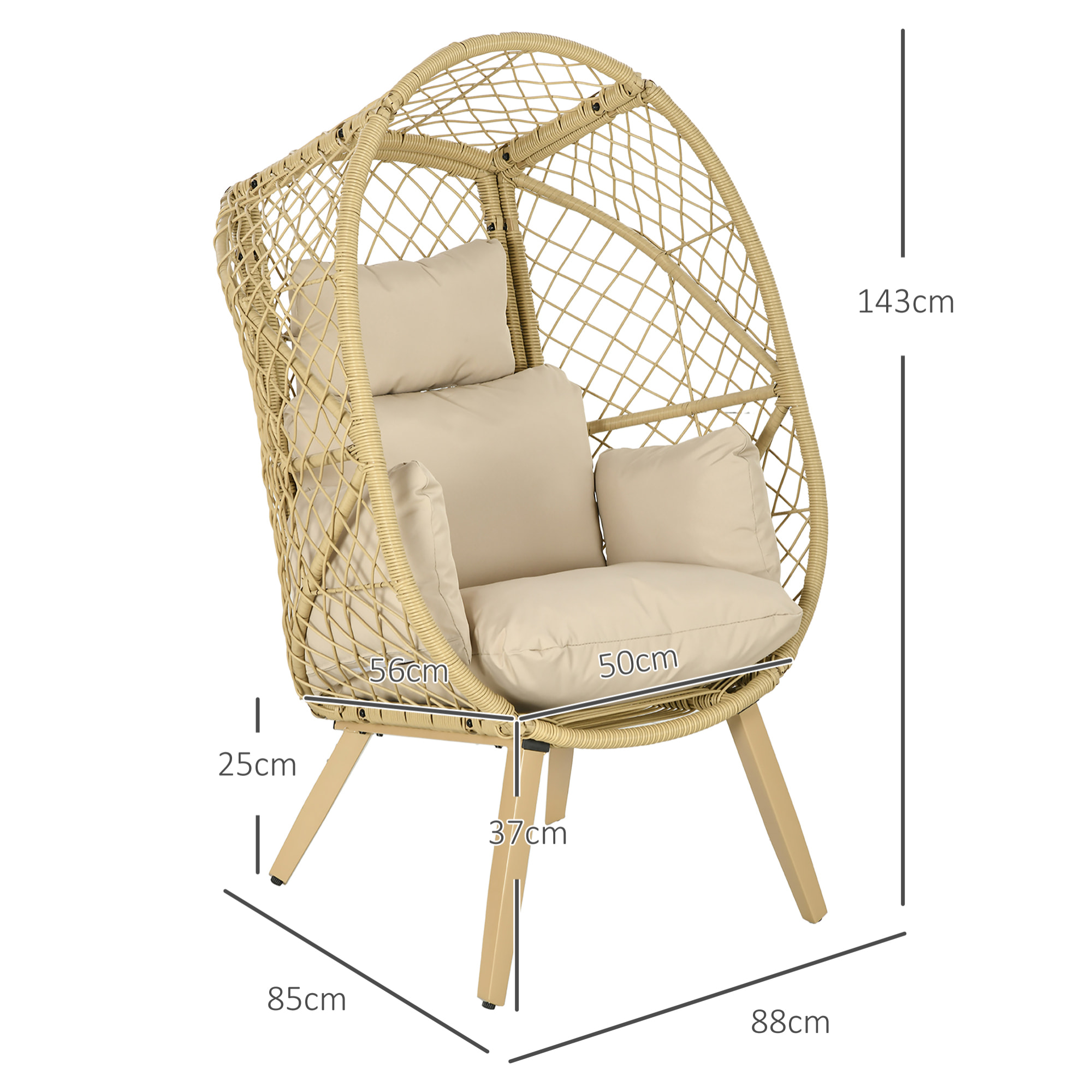 Fauteuil de jardin cocon sur pied dim. 88L x 85l x 143H cm avec coussins