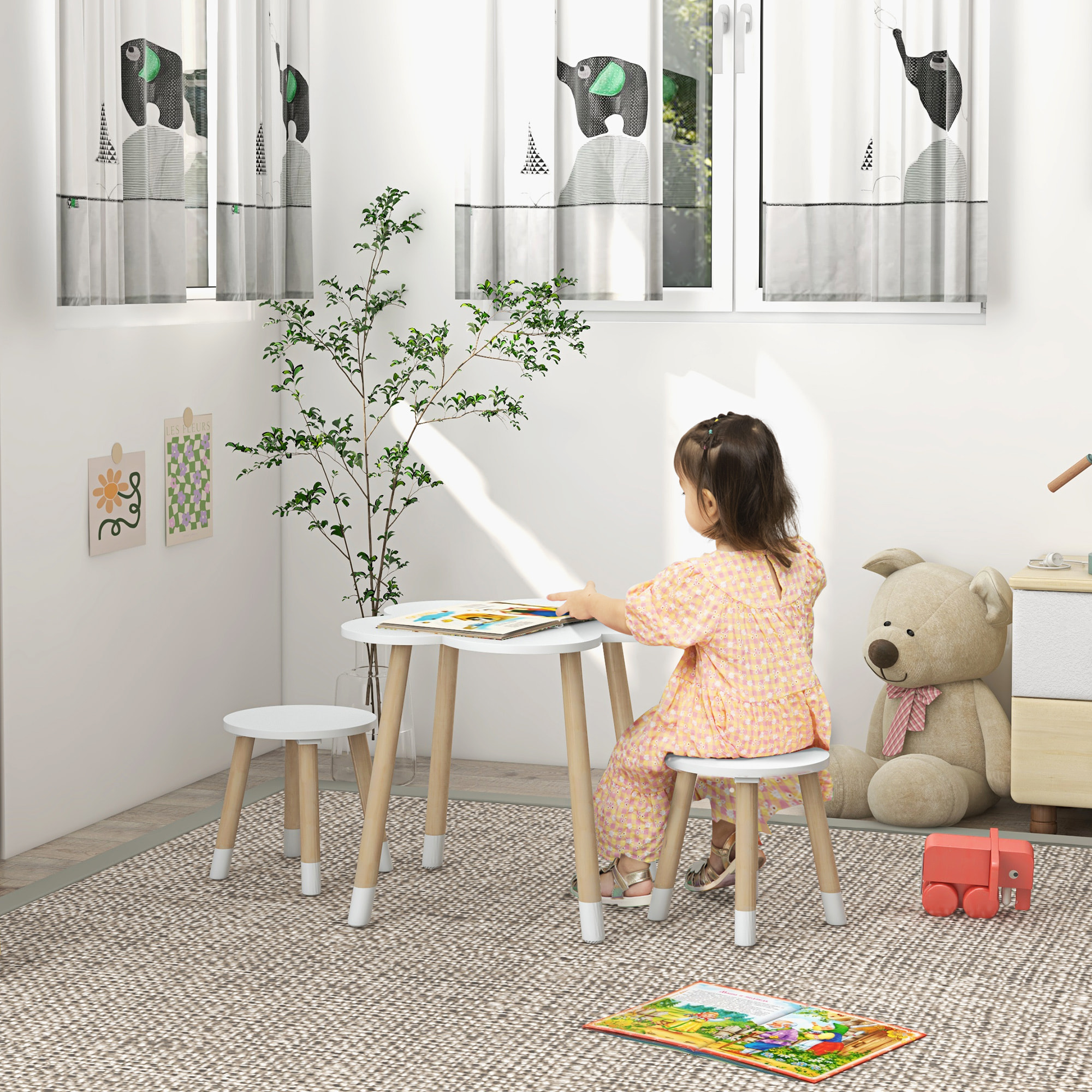 Juego de Mesa y 2 Sillas Infantiles Mesa con Sillas para Niños de 2-5 Años con Mesa en Forma de Flores Ø59x50 cm y Sillas Ø28x26 cm para Dormitorio Sala Blanco y Natural