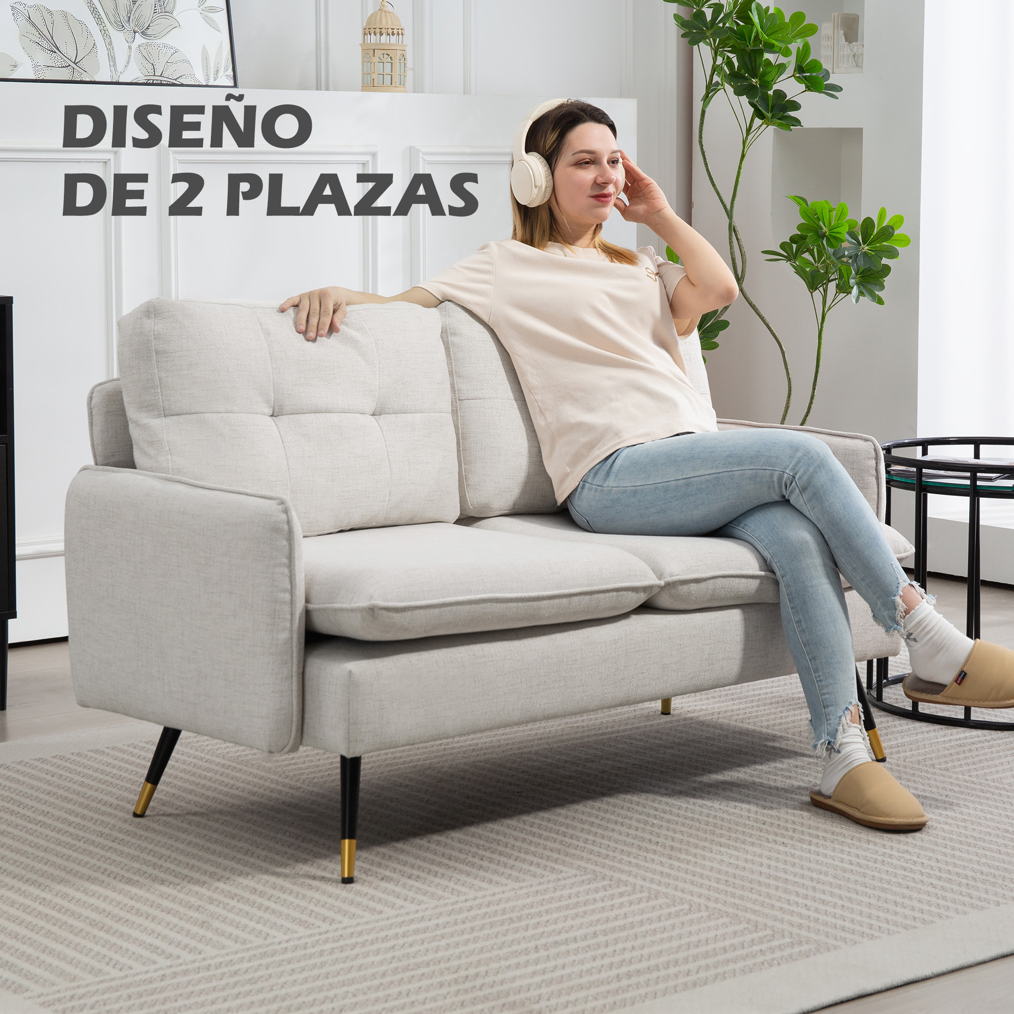 Sofá de 2 Plazas Tapizado en Lino Sofá de Salón 139 cm con Cojines Reposabrazos y Patas de Acero para Dormitorio Oficina Carga 240 kg Crema