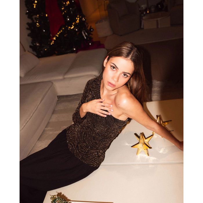 Vestido midi con cuerpo de punto brillante y falda de tafetán de mujer