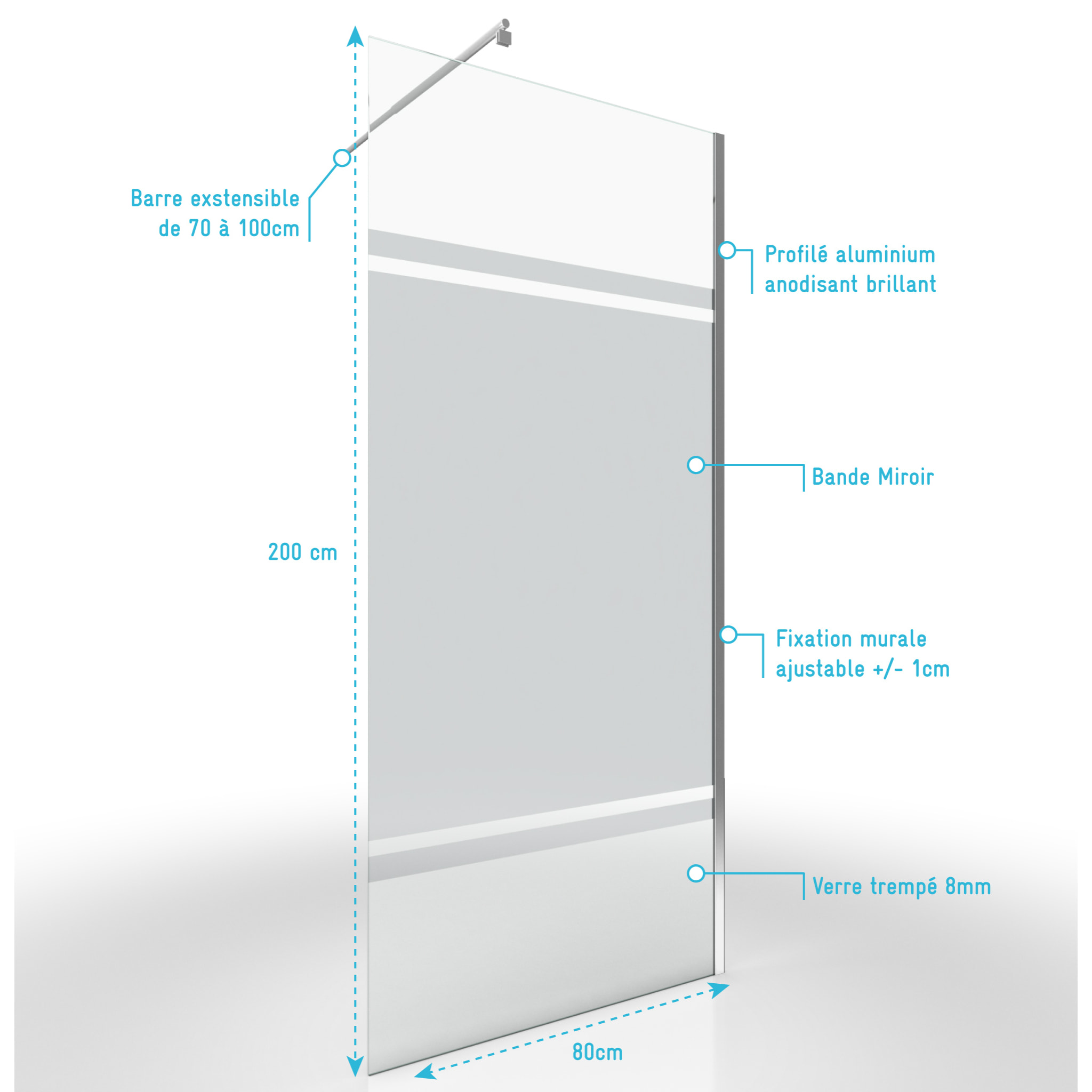 Paroi de Douche 80x200cm - Bande Miroir - Barre de Fixation Extensible et Profil Chrome