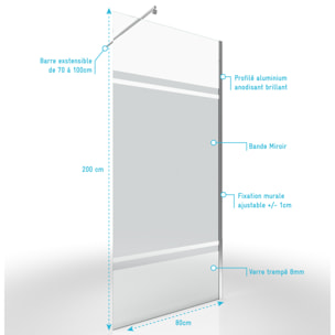 Paroi de Douche 80x200cm - Bande Miroir - Barre de Fixation Extensible et Profil Chrome