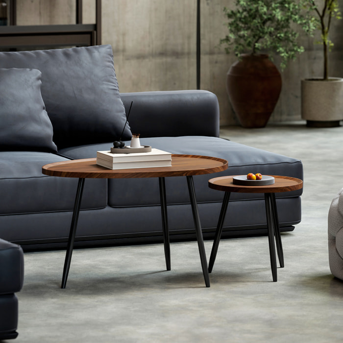 Lot de 2 tables basses gigognes design piètement effilé métal noir effet bois de noyer