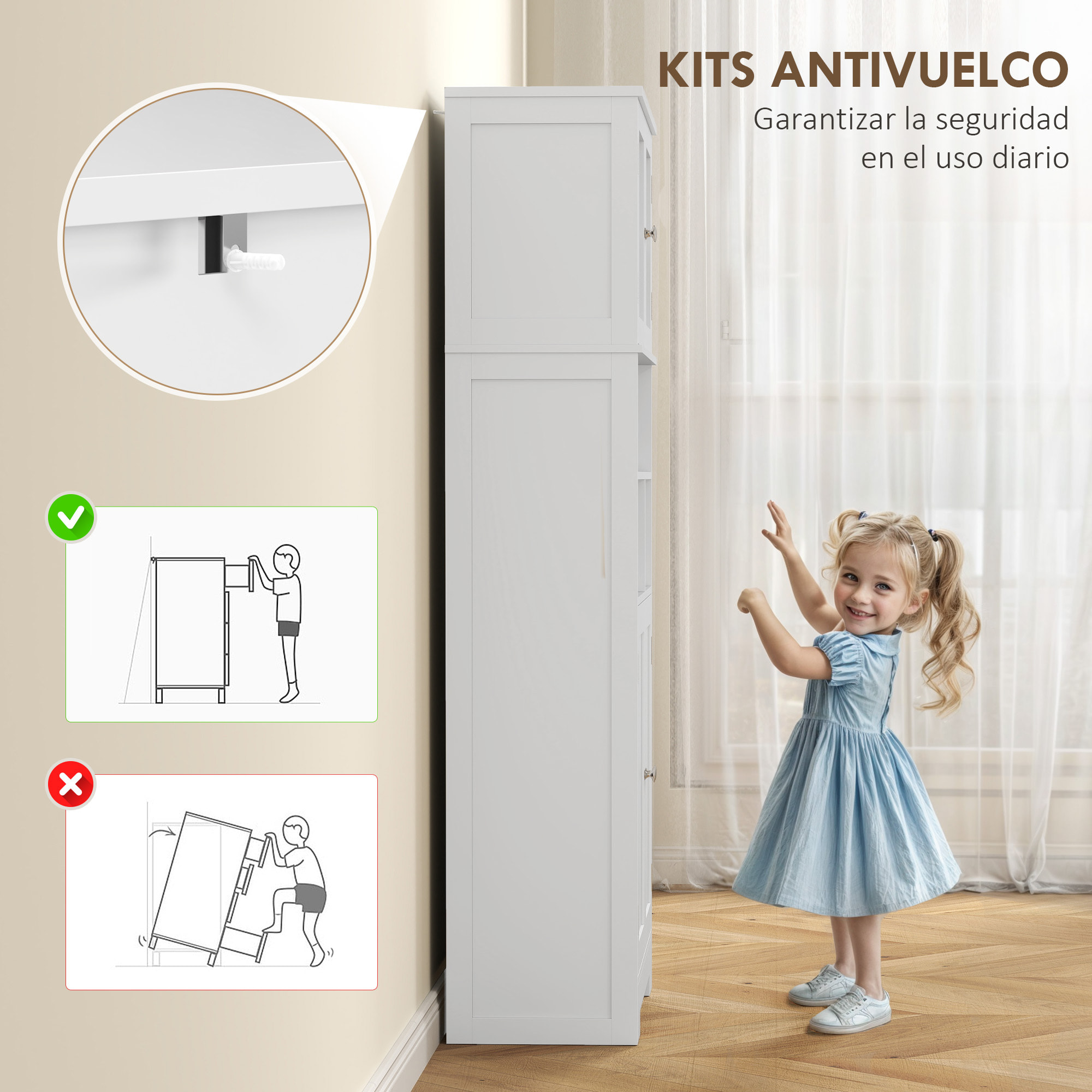 Alacena de Cocina Mueble Auxiliar de Cocina Aparador Alto con 2 Puertas de Vidrio Estantes Ajustables y Compartimentos Abiertos 60x30x145,5 cm Blanco