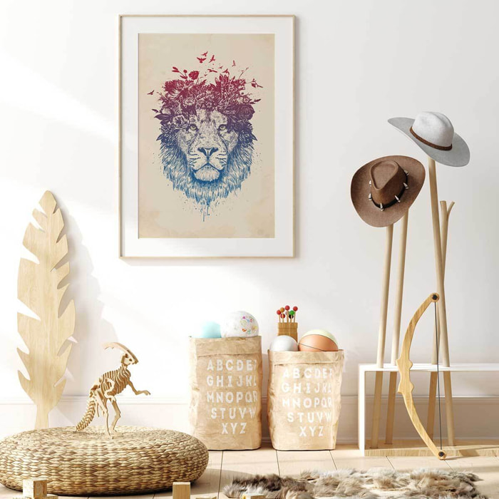 Affiche enfant lion aux fleurs  Affiche + cadre en bois - Chêne
