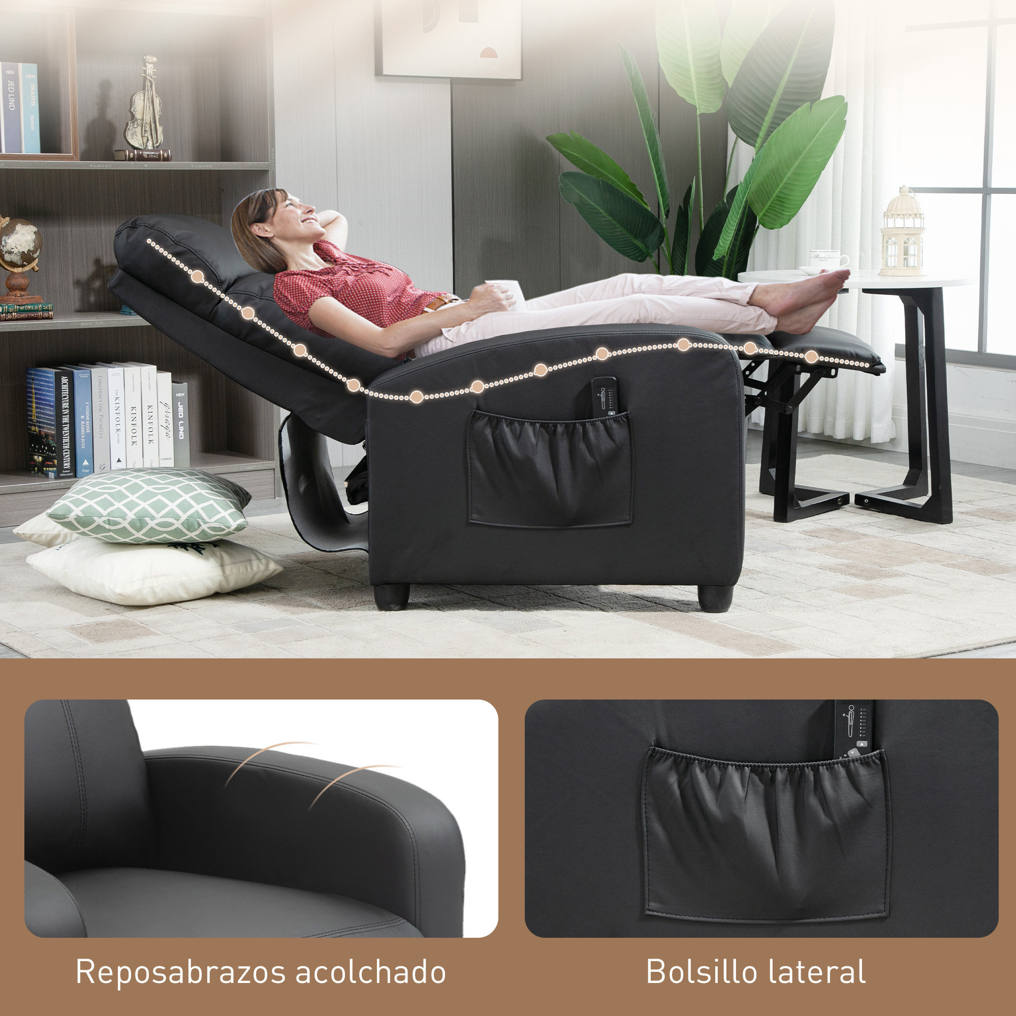 Sillón de Masaje Sillón Relax Reclinable con Mando a Distancia 2 Zonas de Masaje 8 Programas 5 Niveles de Intensidad 1 Bolsillo Lateral y Temporizador Tapizado en PU 68x88x98 cm Negro