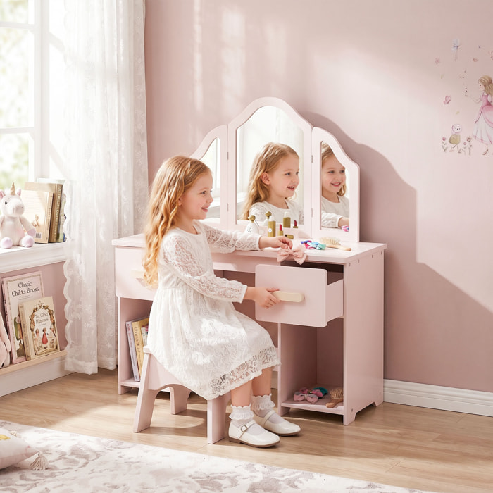Tocador para Niñas, Tocador de Maquillaje Niñas, 2 en 1, Escritorio, con Taburete, 3 Espejos Desmontables, 2 Cajones, 2 Armarios, 6 Accesorios, a Partir de 3 Años, Rosa