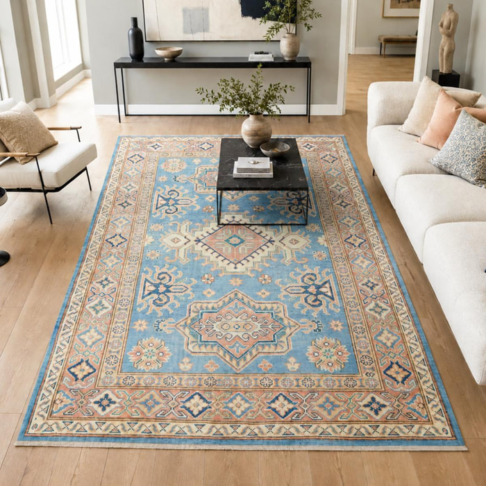 Tapis salon géométrique, laine naturelle, noué à la main, IREDITO