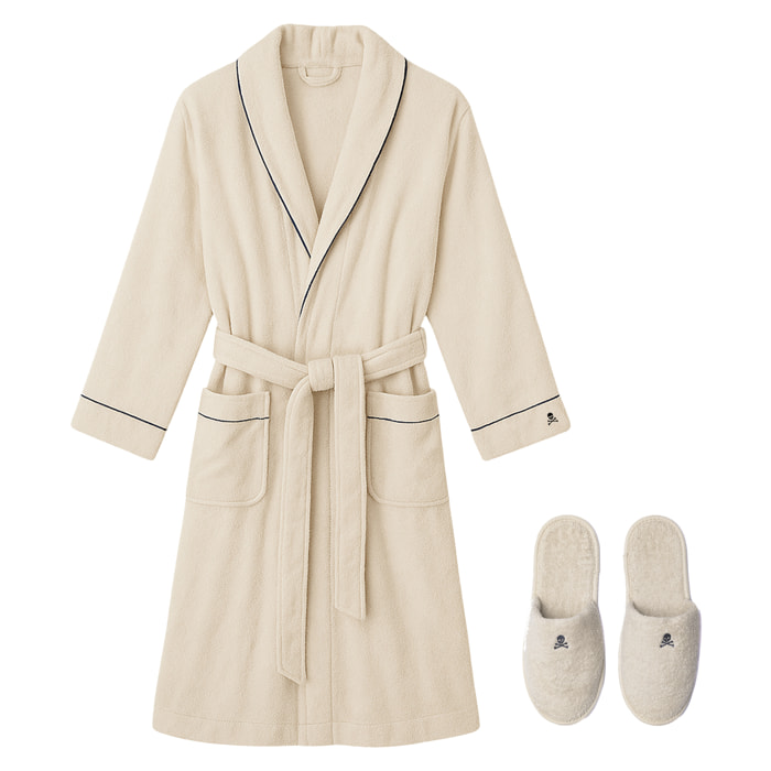 Scalpers set de albornoz (l-xl) y zapatillas (43-46) en algodón 100% suave y absorbente con bordado en color beige