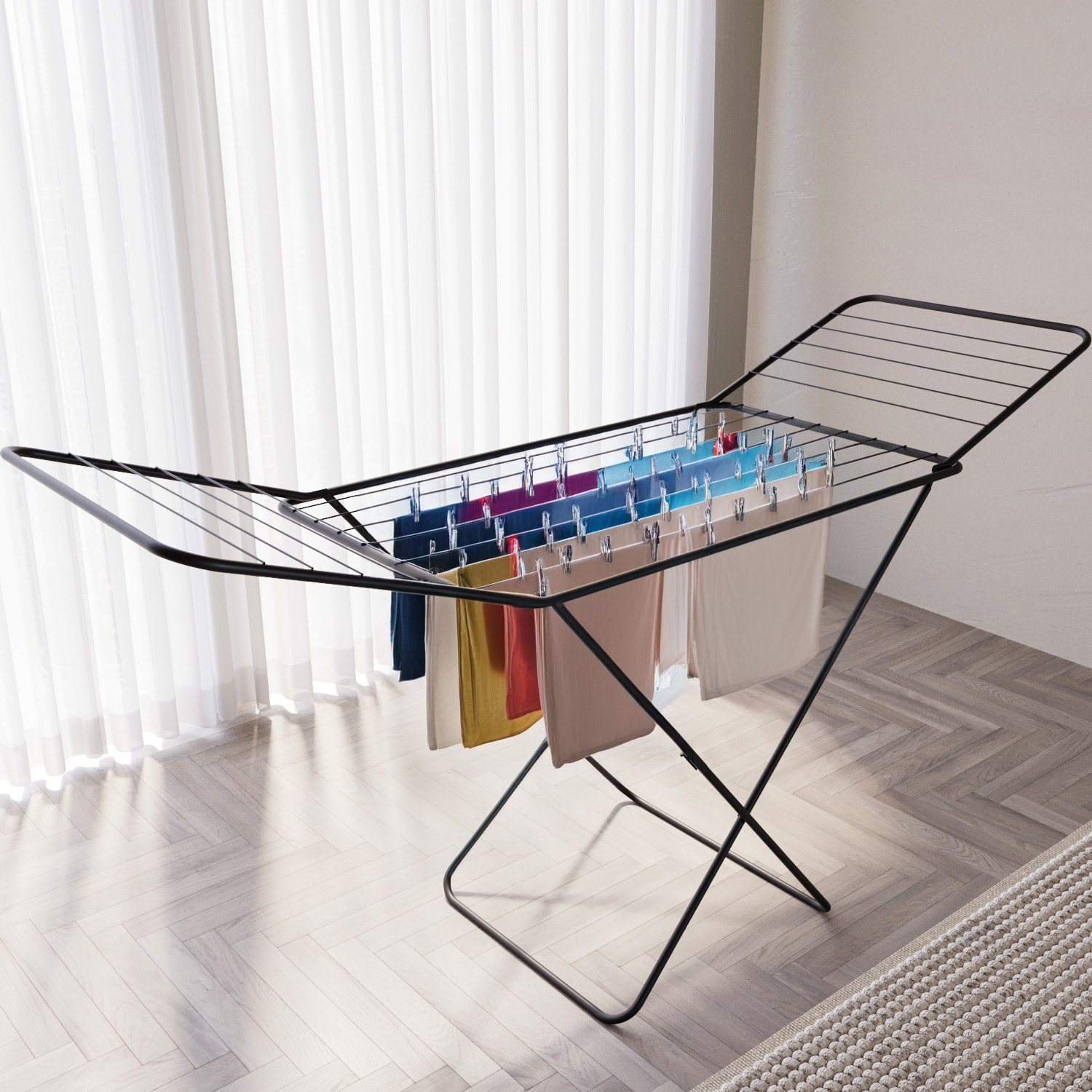 Stendibiancheria Stendino Pieghevole Da Pavimento Con Ali E Piedi Piedini Antiscivolo Spazio Stenditura 18 M In Acciaio 180 x 55 x 108 Cm Nero Opaco