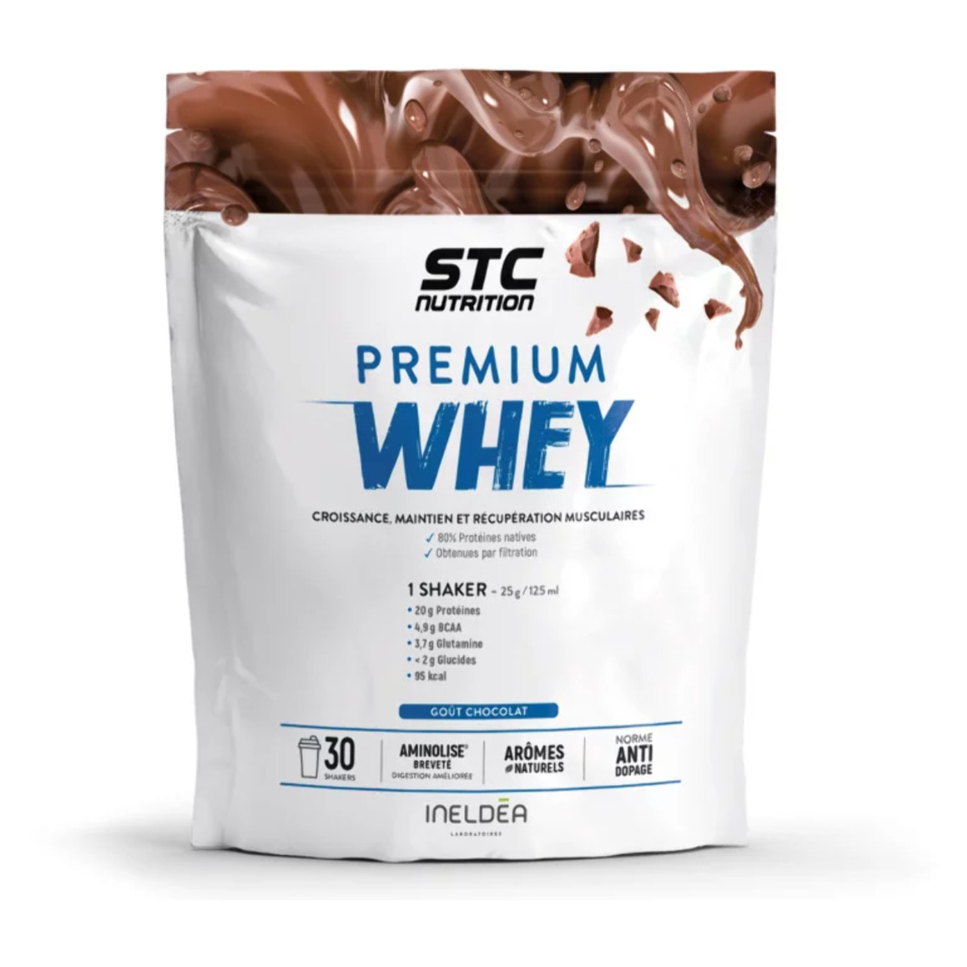 STC NUTRITION - Premium Whey - Protéines Natives Lactosérum Hypocalorique - Développement Musculaire - Aminolise Brevetée 100% Digeste - Sans Colorant ni Gluten - 30 Shakers - 750g - Chocolat