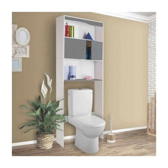 Meuble spécial dessus de WC avec placard double battant gris et étagères