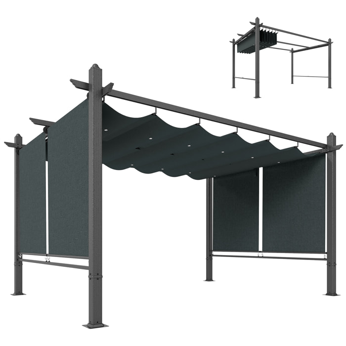 Pérgola de Jardín 4x3 m con Techo Retráctil y 4 Cortinas Enrollables Automáticas, Cenador de Jardín con Protección UV50+, Estructura de Aluminio, Drenaje, Pabellón para Exterior, Gris Oscuro
