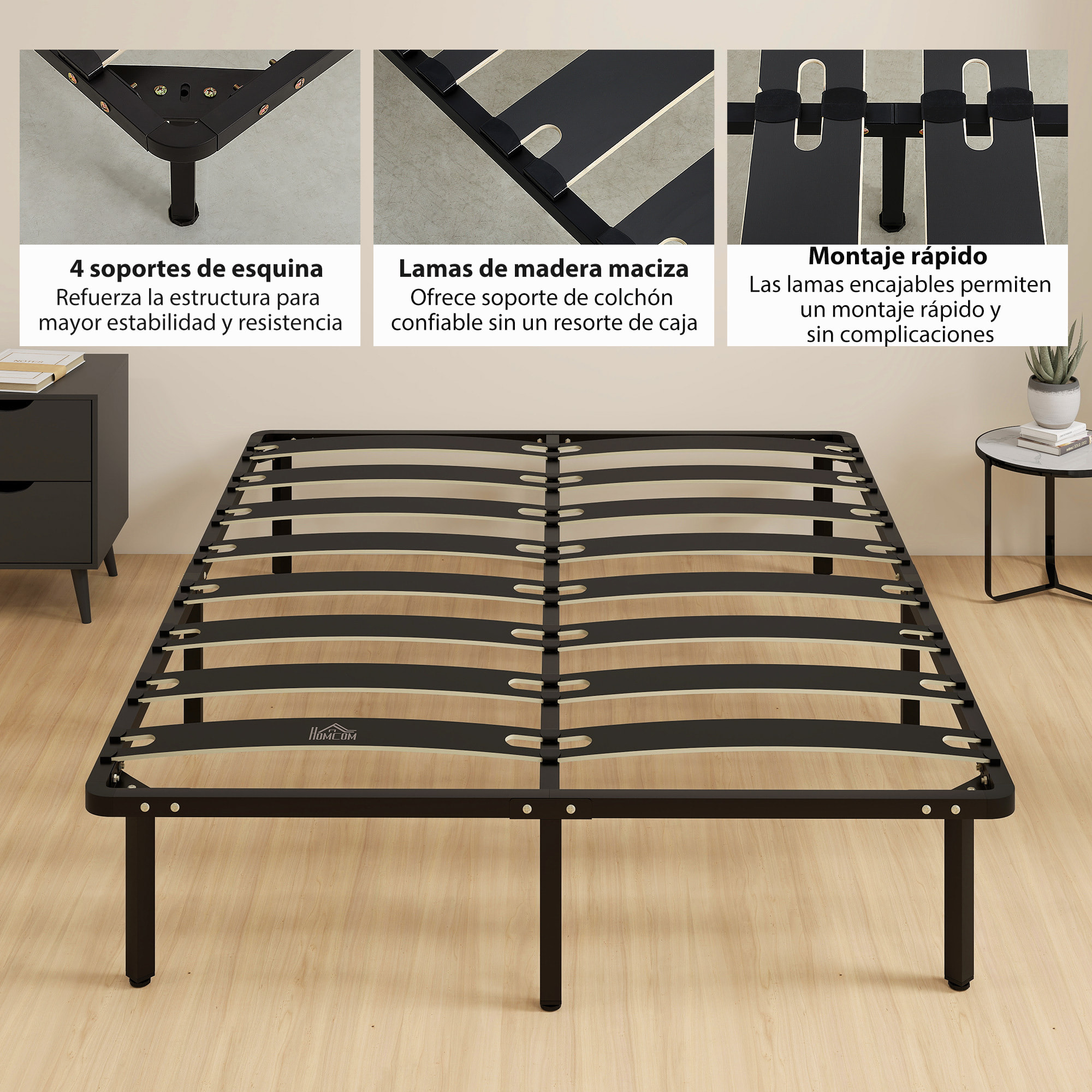 Somier 140x190 cm, Altura 26 cm, Estructura de Cama de Plataforma de Acero con Espacio de Almacenamiento Debajo y Láminas de Álamo, Fácil de Montar, Carga 350 kg, Negro