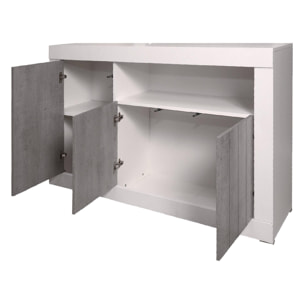 Credenza moderna a 3 ante, Buffet da cucina, Madia con scaffali e ripiani, Mobile da soggiorno Porta TV, cm 138x42xh86, colore Bianco e Cemento