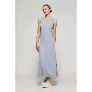 Vestito lungo blu e a coste con monogramma ricamato