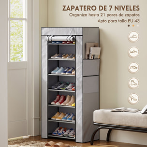 HOMCOM Zapatero de 7 Niveles, Zapatero Estrecho de Acero con Funda de Tela no Tejida, 2 Bolsillos Laterales, Estantería para 14-21 Pares de Zapatos, para Recibidor, Entrada, Pasillo, Gris