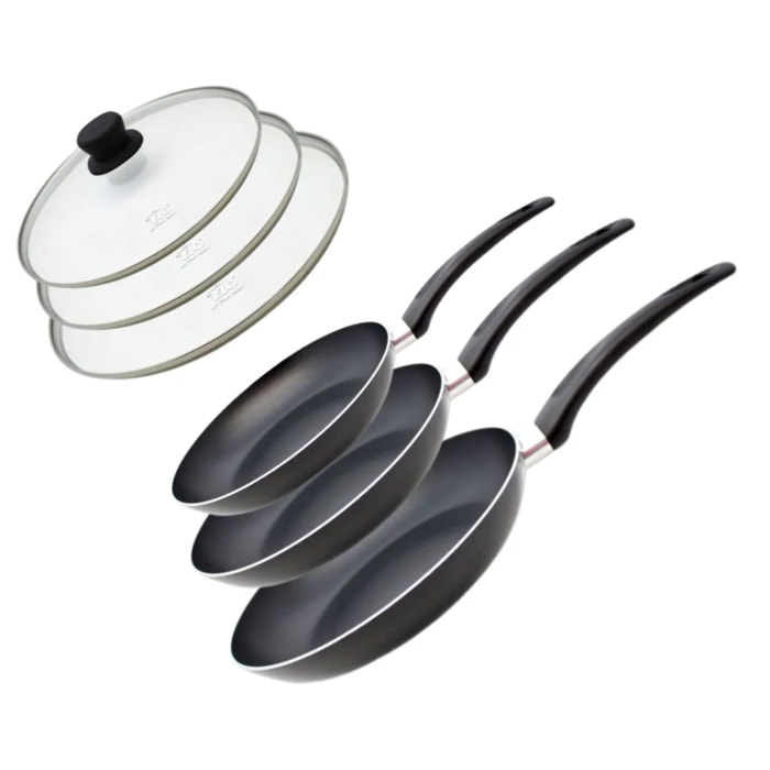 Lot de 3 poêles de cuisson avec revêtement et leur couvercle 20, 24 et 28 cm Elo