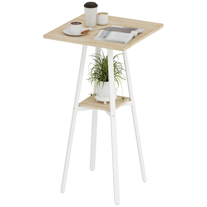 Mesa Alta Cocina Cuadrada con Estante, Mesa Alta Bar para 2 Personas, Patas de Metal, para Salón Comedor, 55x55x95 cm, Madera Natural y Blanco