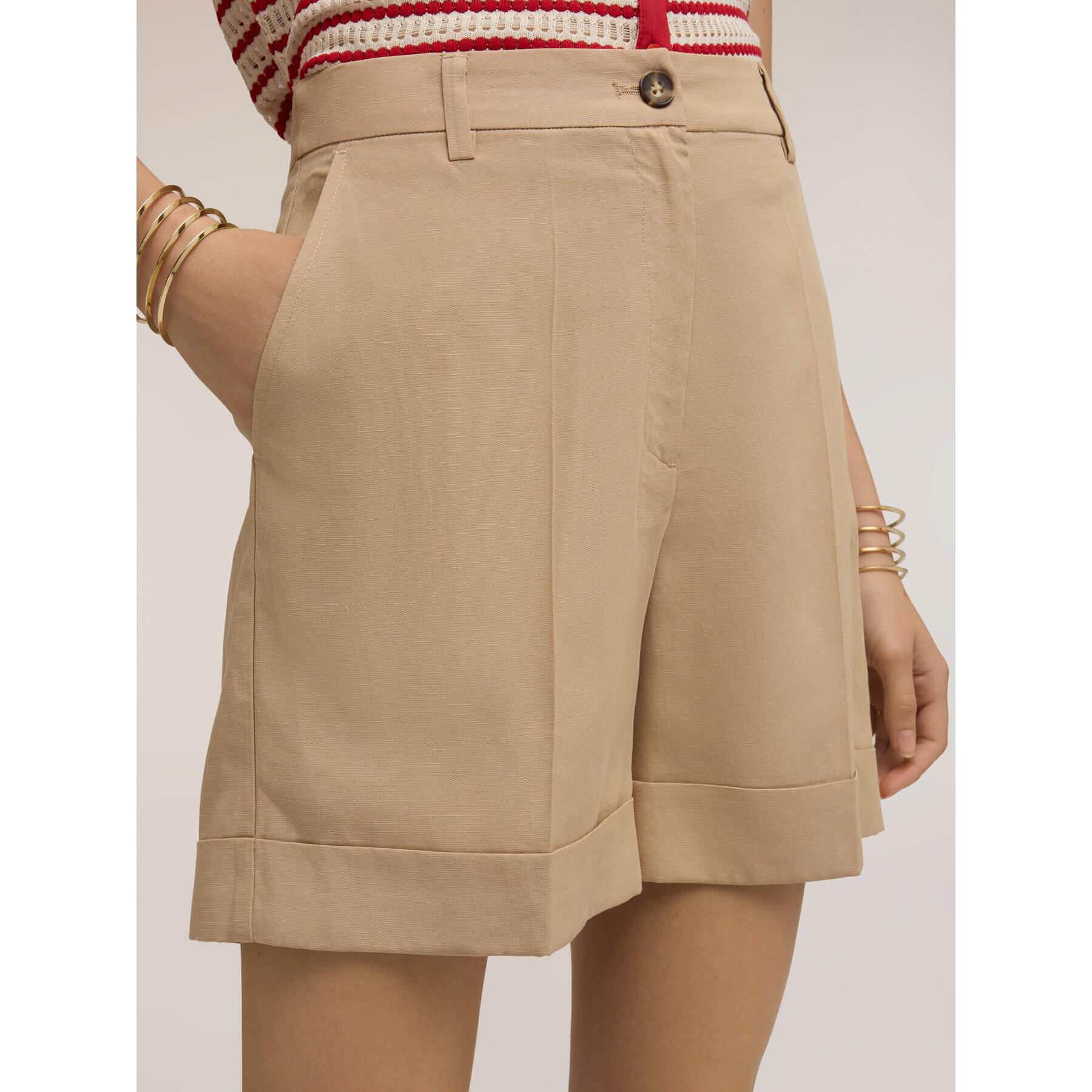 Motivi - Shorts de mezcla de lino con dobladillo - Beige