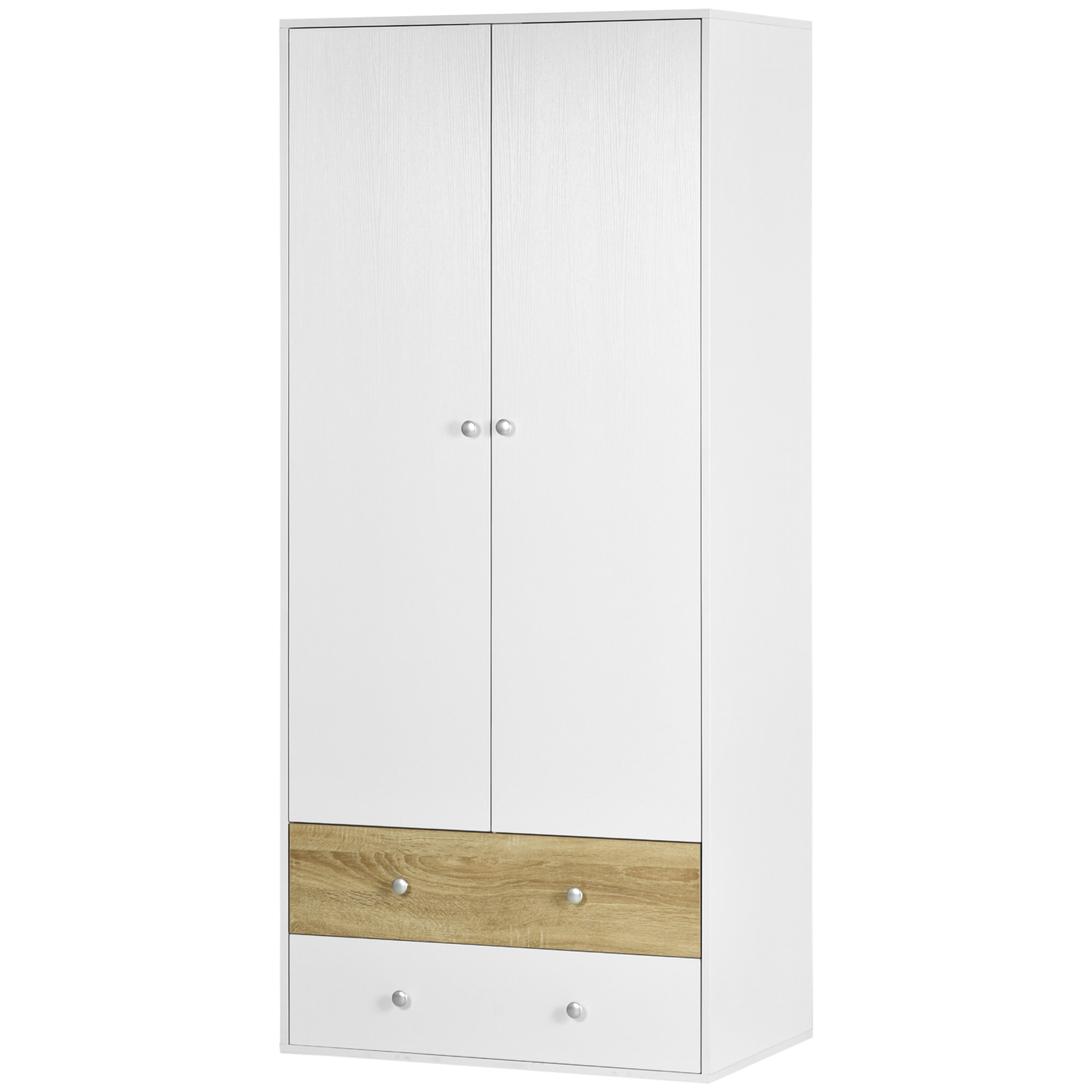 Armario Ropero de Madera Armario de Ropa con 2 Puertas 2 Cajones y 1 Barra para Colgar Estilo Moderno para Dormitorio 80x50x180 cm Blanco y Roble