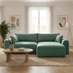 Canapé d'angle convertible vert 4 places tissu bouclé + coffre OLIZE