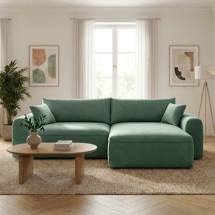 Canapé d'angle convertible vert 4 places tissu bouclé + coffre OLIZE