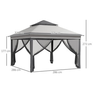 Carpa Plegable 3,26x3,26x2,72 m Cenador de Jardín con Doble Techo Altura Ajustable en 3 Niveles 4 Mosquiteras Protección UV30+ Impermeable y Bolsa para Fiestas Camping Gris